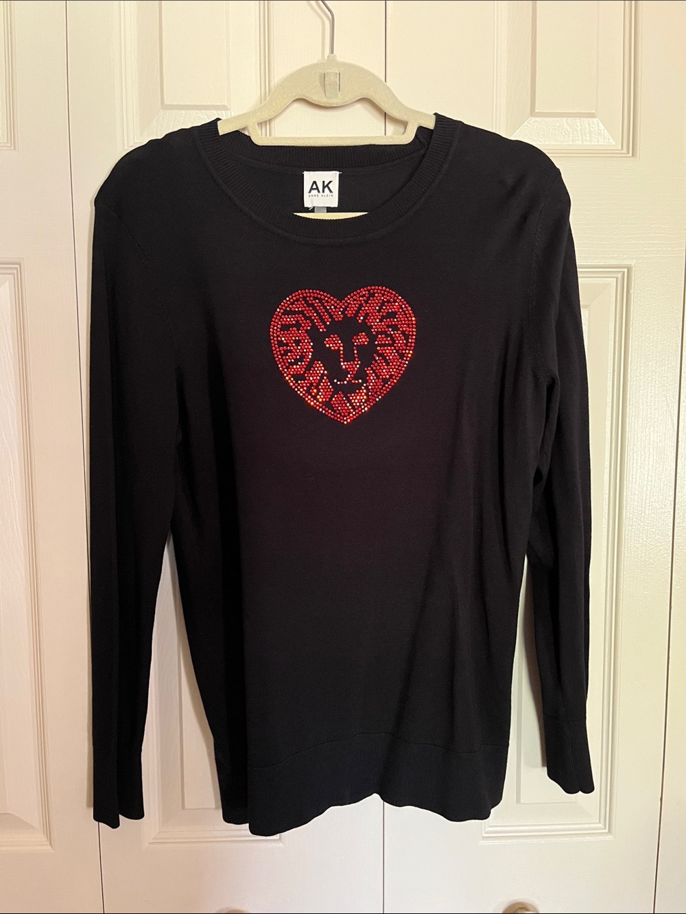 Anne Klein Black Long-Sleeve sweater with Red Heart Lion Rhinestone Motif